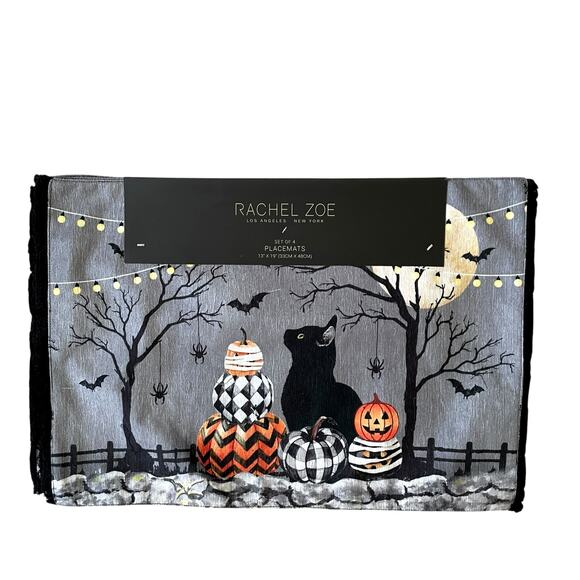 Rachel Zoe MACKENZIE CAT Halloween Placemats 13x19 Set of 4 New - Picture 1 of 8